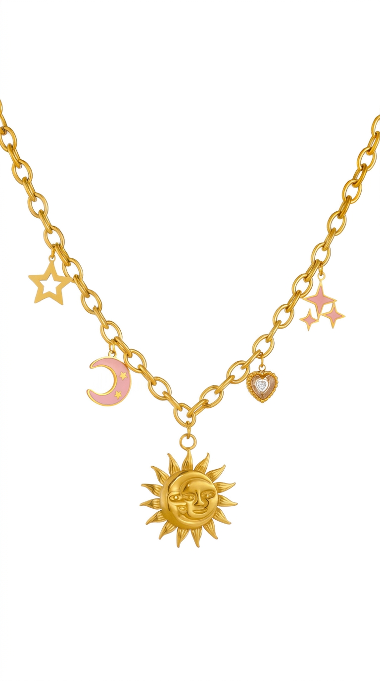 "Crescent And Sun" Necklace, 18K Gold Plated Steel