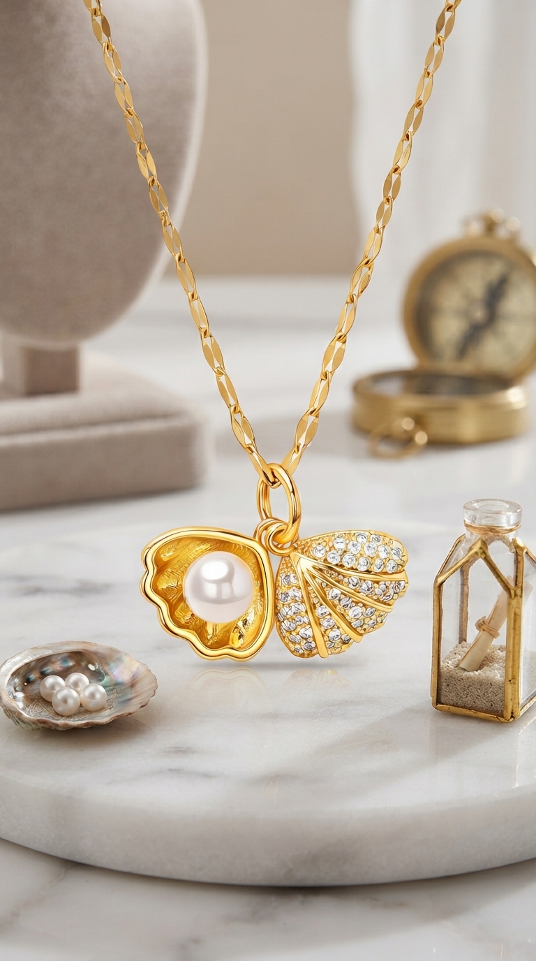 "Seashell" PVD Gold-Plated Brass Necklace - Crystallic