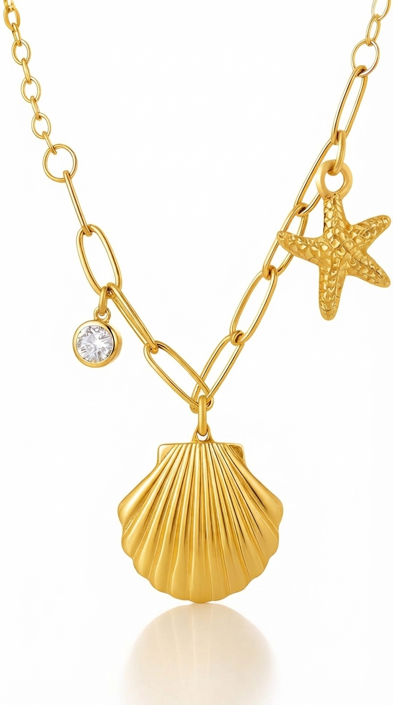 "Starfish and Seashell" PVD Gold-Plated Steel Necklace - Intensity