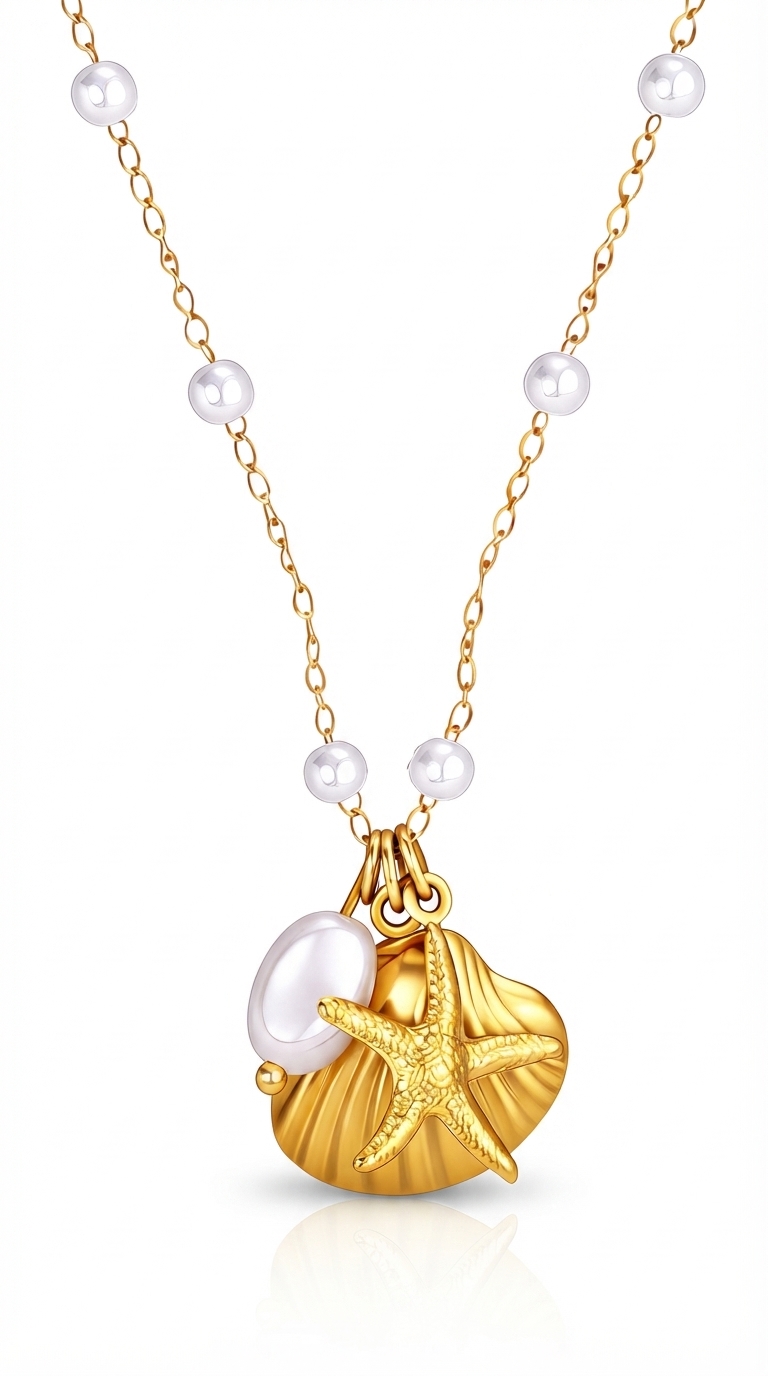"Starfish And Seashell" PVD Gold-Plated Steel Necklace - Intensity